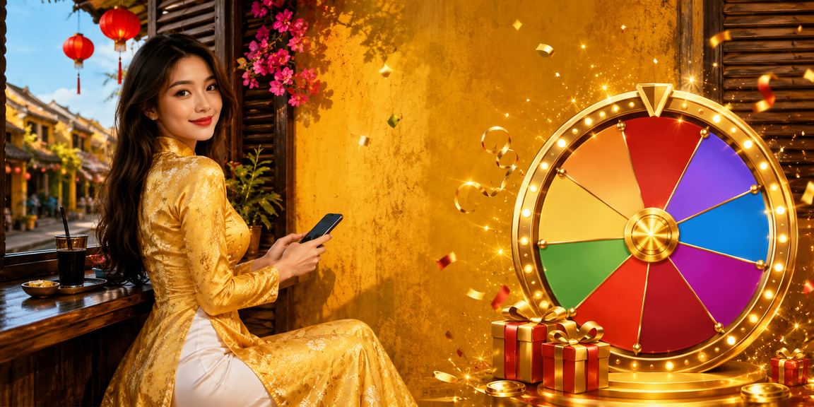 Người chơi trong trang phục áo dài tại Hội An tham gia chương trình quay số may mắn VIP
